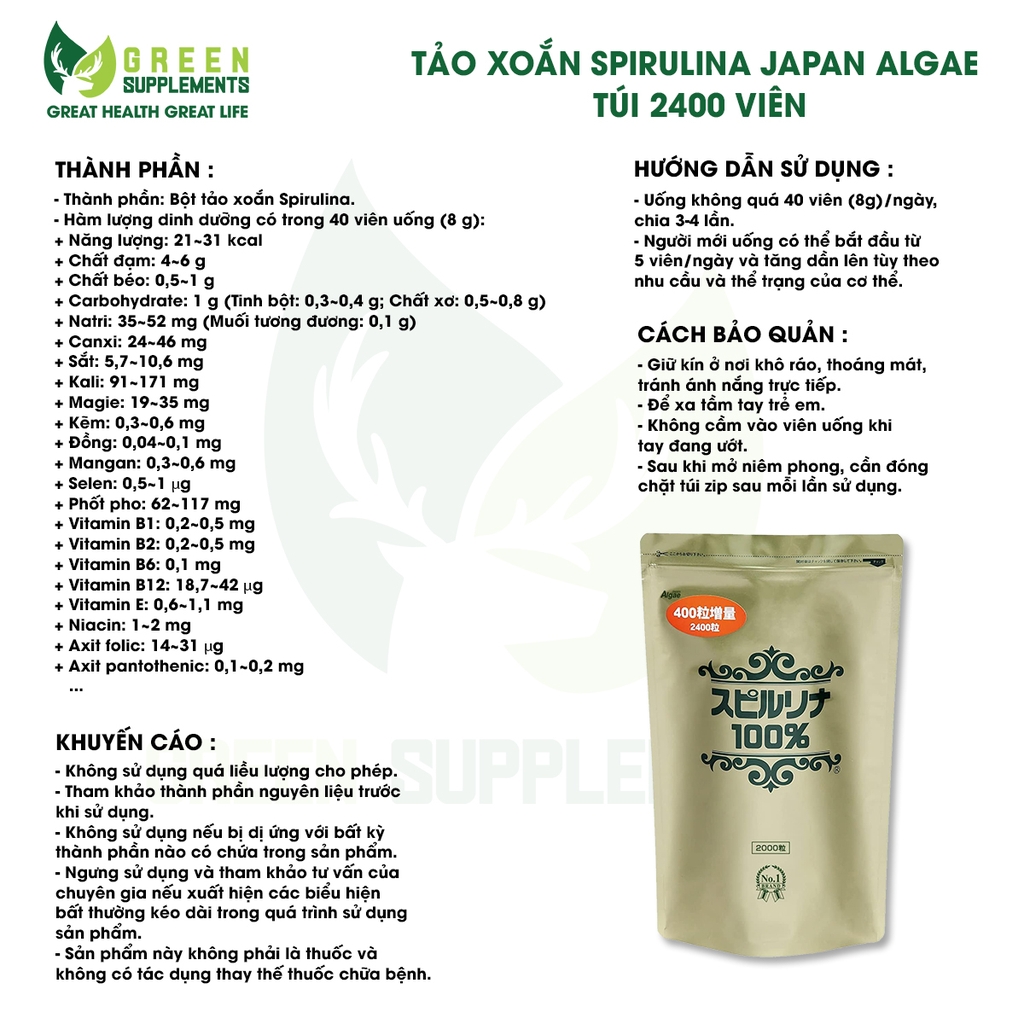 Tảo Xoắn Spirulina Japan Algae Túi 2400 Viên