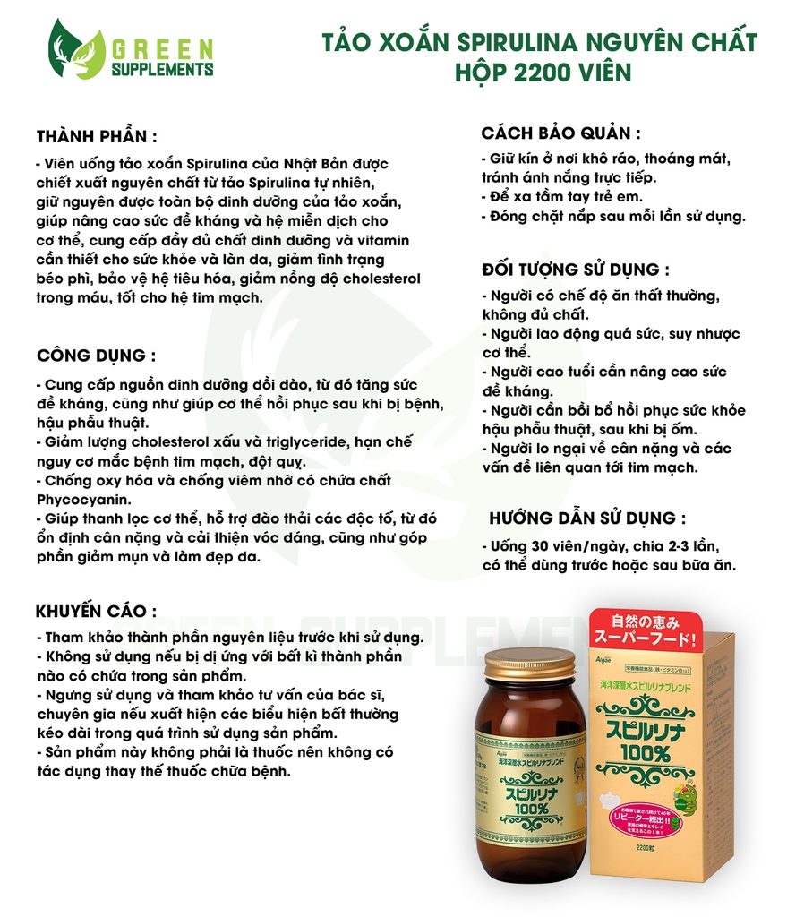 Tảo Xoắn Spirulina Japan Algae Hộp 2200 Viên