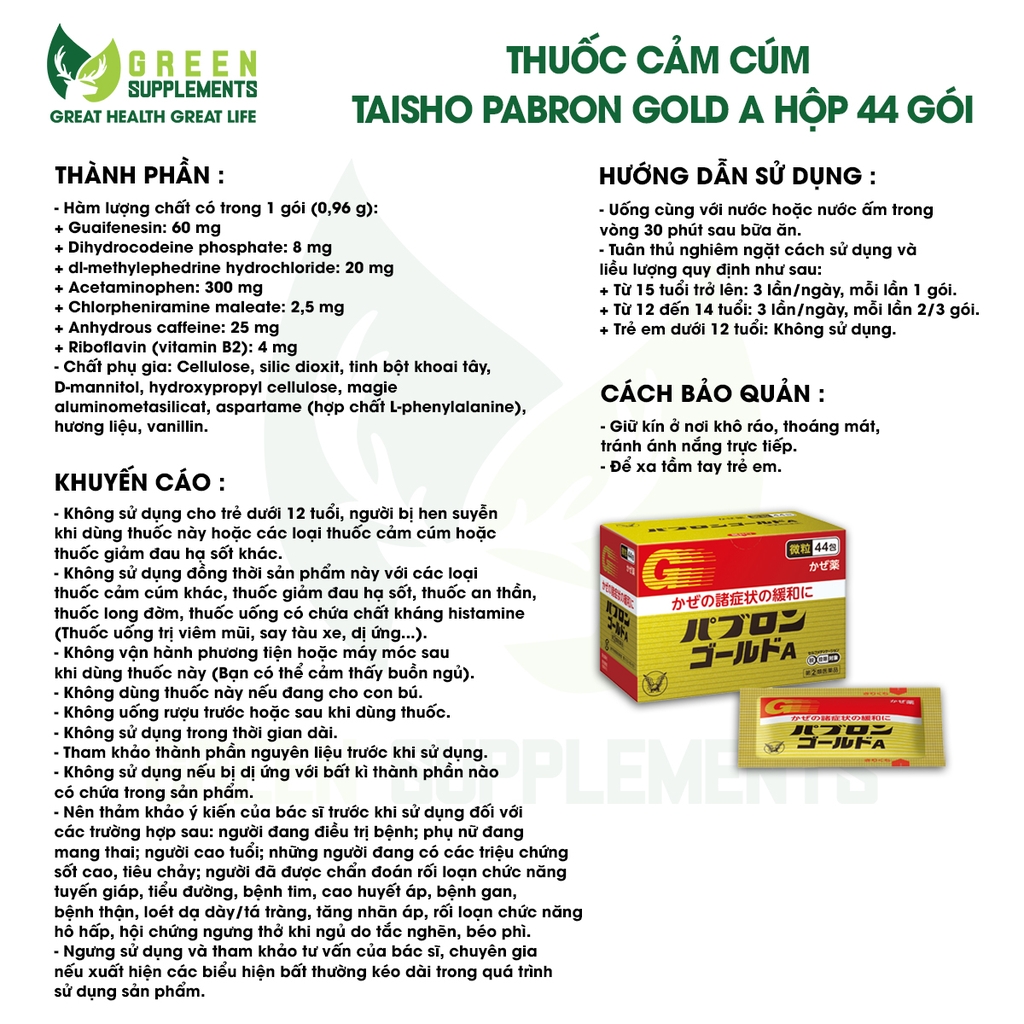Thuốc Cảm Cúm Taisho Pabron Gold A Hộp 44 Gói