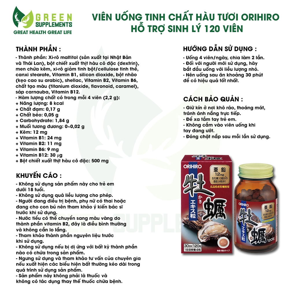 Viên Uống Tinh Chất Hàu Tươi Orihiro Hỗ Trợ Sinh Lý 120 Viên