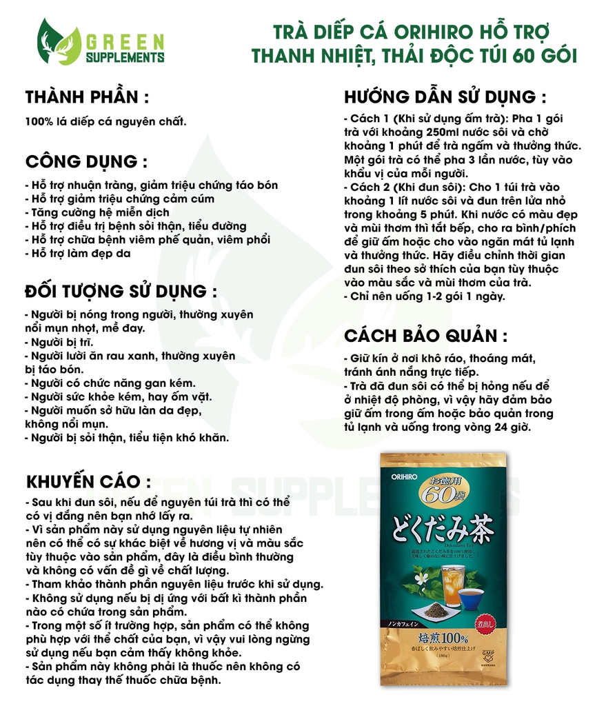 Trà Diếp Cá Orihiro Hỗ Trợ Thanh Nhiệt, Thải Độc Túi 60 Gói