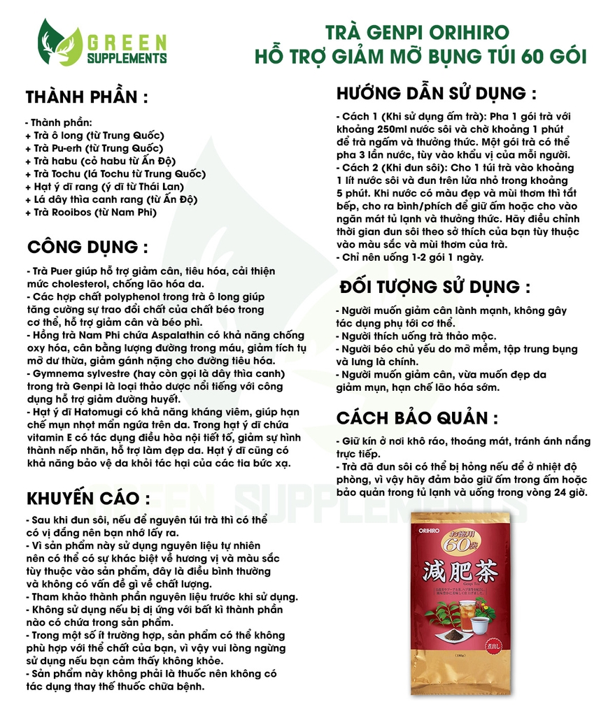 Trà Genpi Orihiro Hỗ Trợ Giảm Mỡ Bụng Túi 60 Gói