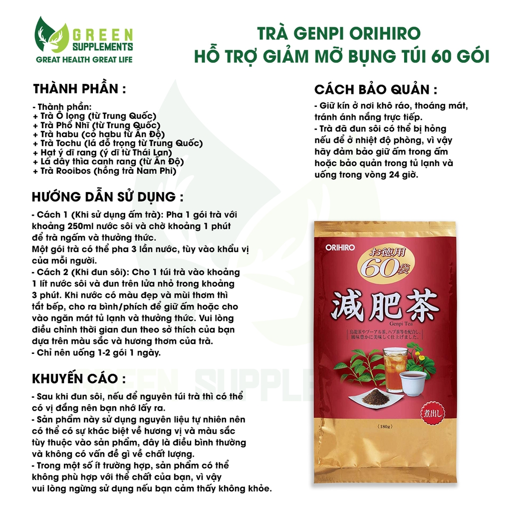 Trà Genpi Orihiro Hỗ Trợ Giảm Mỡ Bụng Túi 60 Gói
