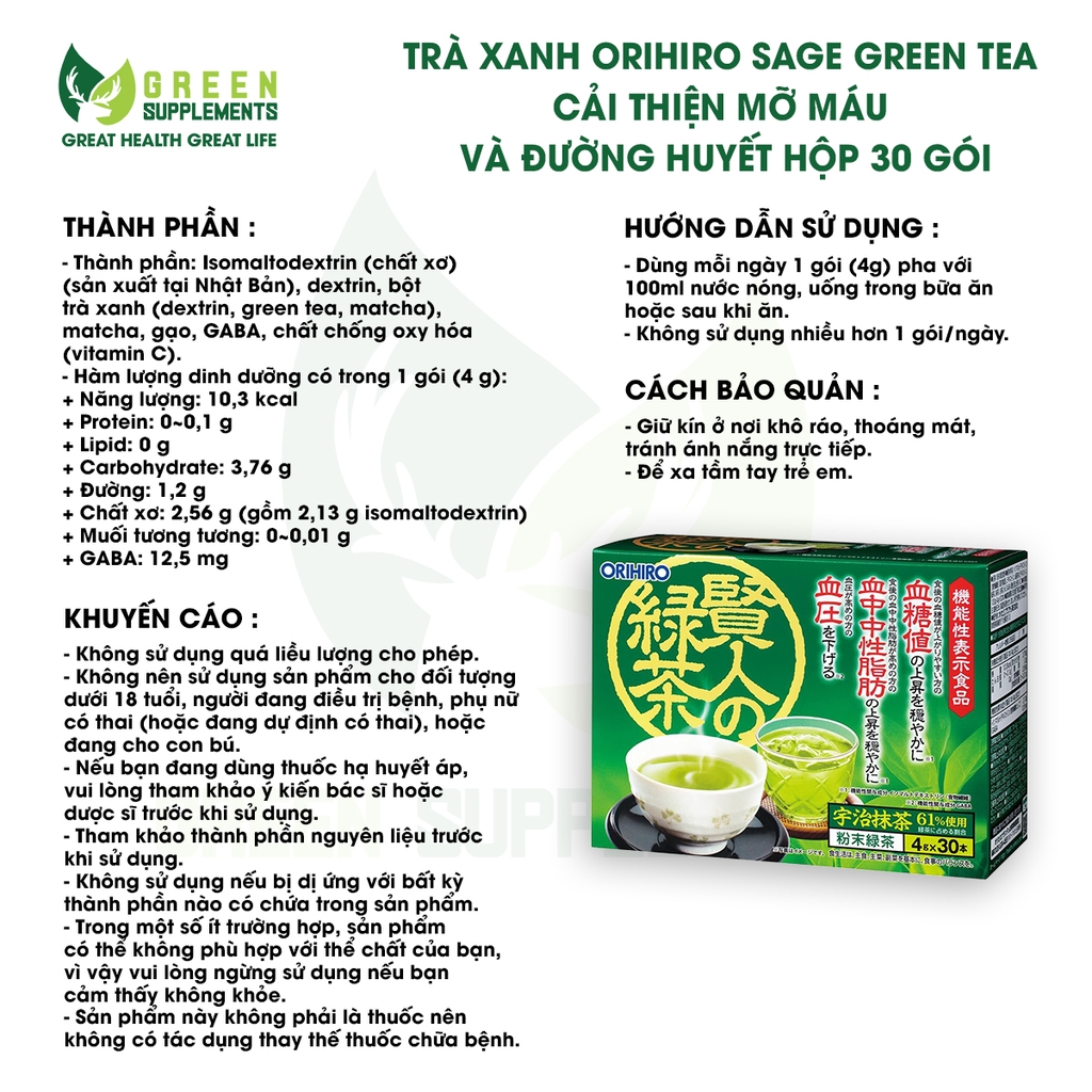 Trà Xanh Orihiro Sage Green Tea Cải Thiện Mỡ Máu Và Đường Huyết Hộp 30 Gói