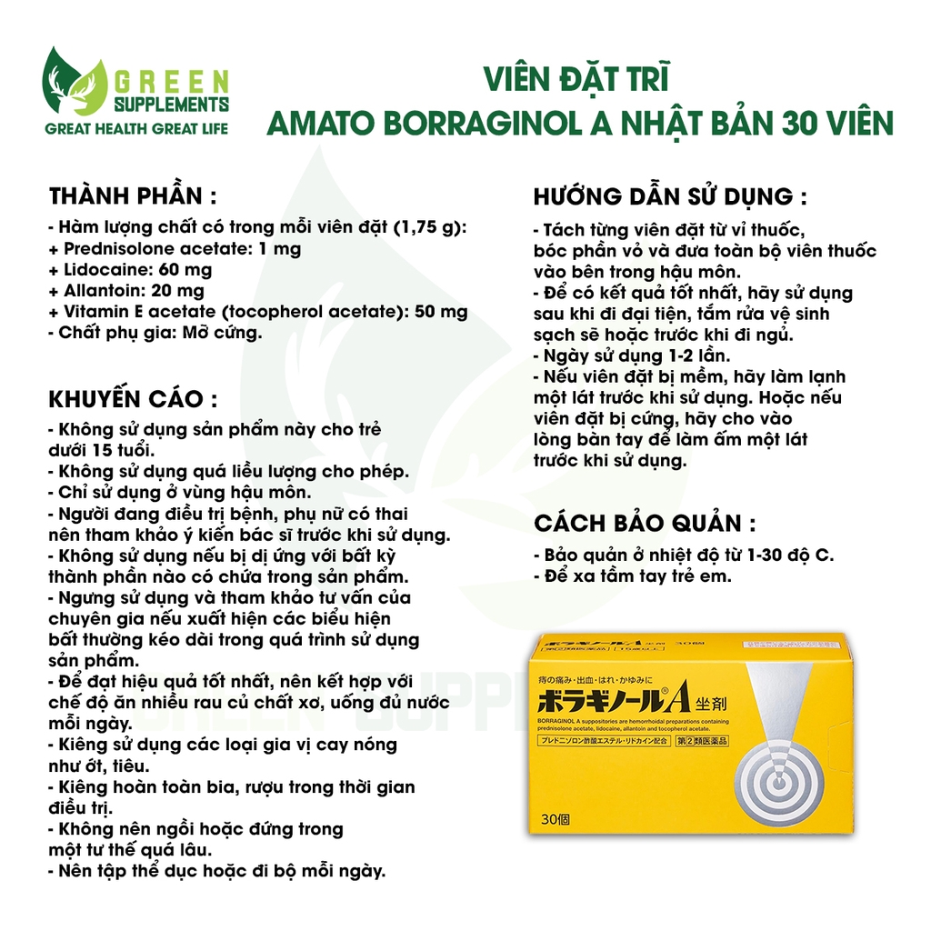 Viên Đặt Trĩ Amato Borraginol A Nhật Bản 30 Viên