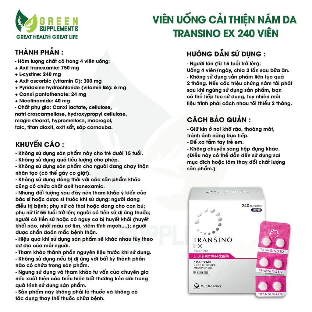 Viên Uống Cải Thiện Nám Da Transino EX 240 Viên