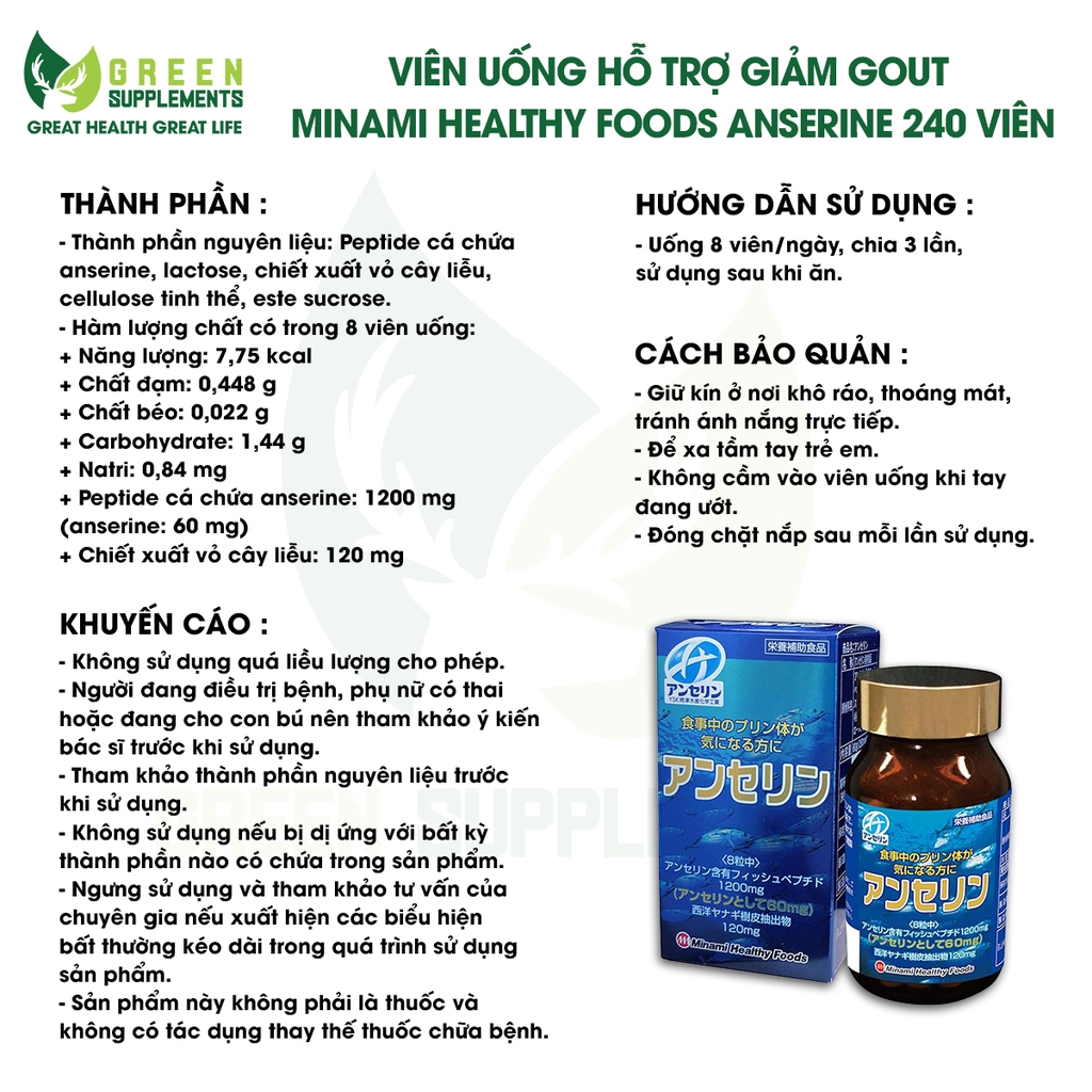 Viên Uống Hỗ Trợ Giảm Gout Minami Healthy Foods Anserine 240 Viên