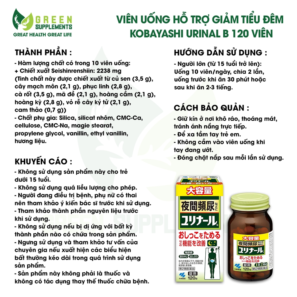 Viên Uống Hỗ Trợ Giảm Tiểu Đêm Kobayashi Urinal B 120 Viên