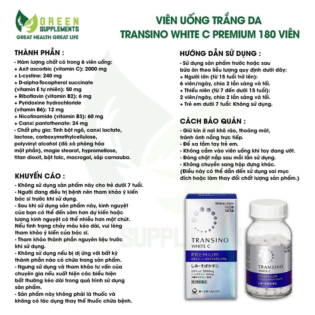 Viên Uống Trắng Da Transino White C Premium 180 Viên