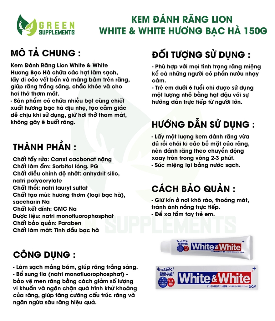 Kem Đánh Răng Lion White & White Hương Bạc Hà 150g