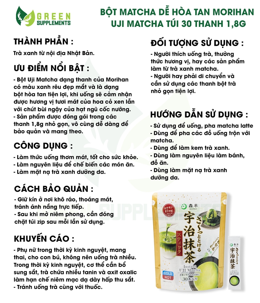 Bột Matcha Dễ Hòa Tan Morihan Uji Matcha Nhật Bản Túi 30 Thanh 1,8g