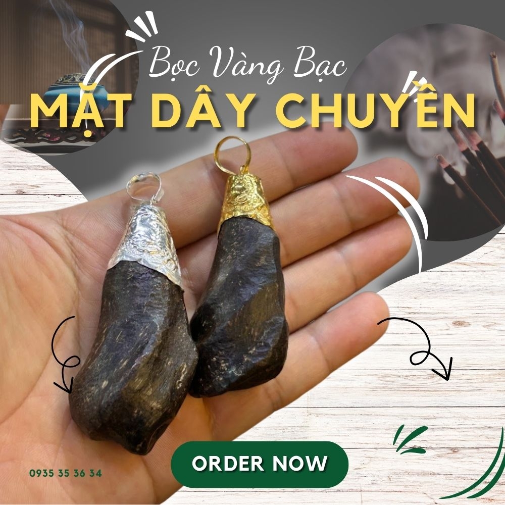 Mặt dây chuyền trầm thẩm thấu tinh dầu bọc vàng bạc - Chuẩn Trầm