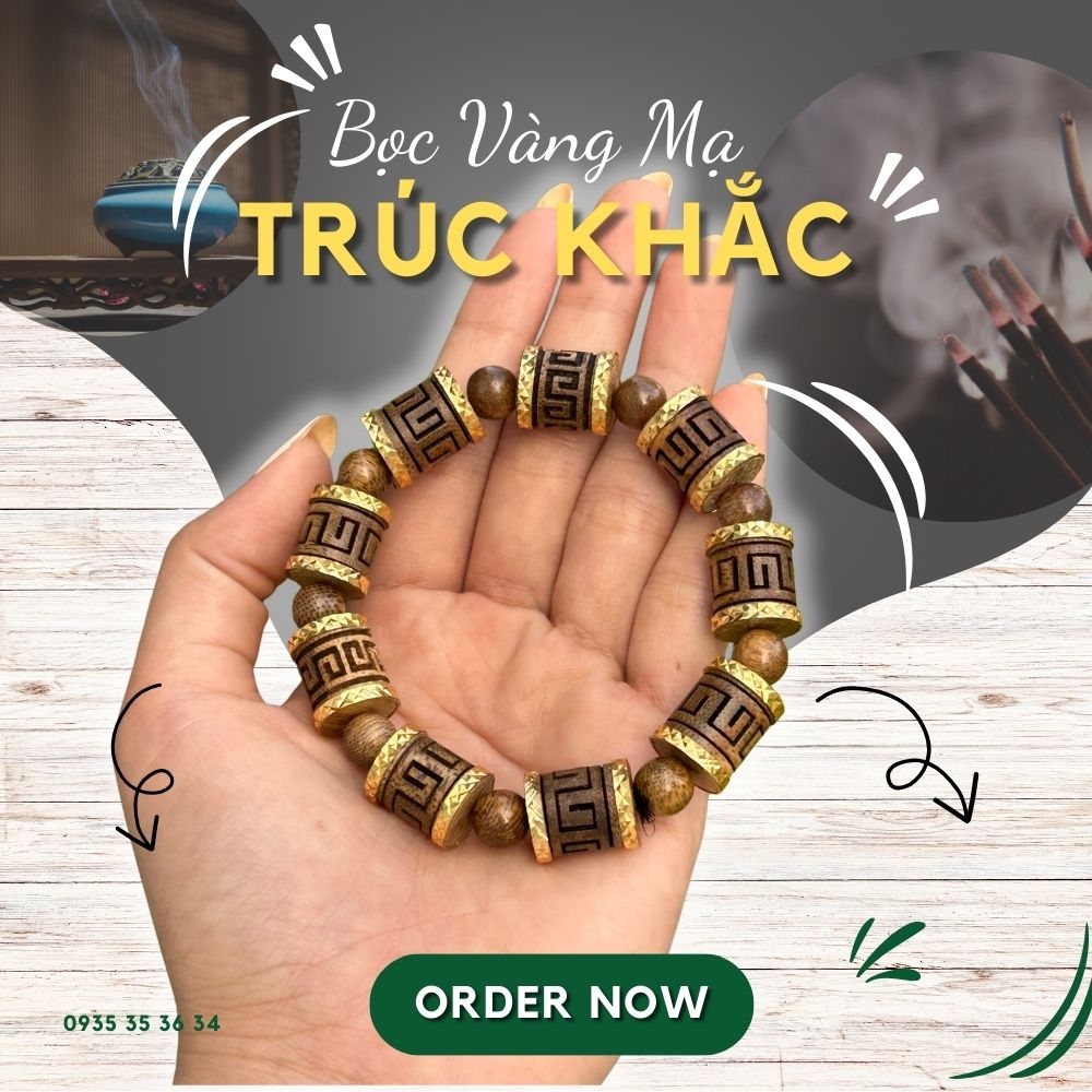 Vòng Tay Trầm Hương trúc tốc vườn bọc vàng mạ khắc Laze - Chuẩn Trầm