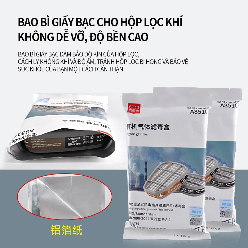 Phin lọc độc A8510 (đôi 2 cái, thương hiệu AMS khí hữu cơ sơn, xăng, aceton CE 2834 EN14387:2021 và GB2890-2022 cho mặt nạ đôi)