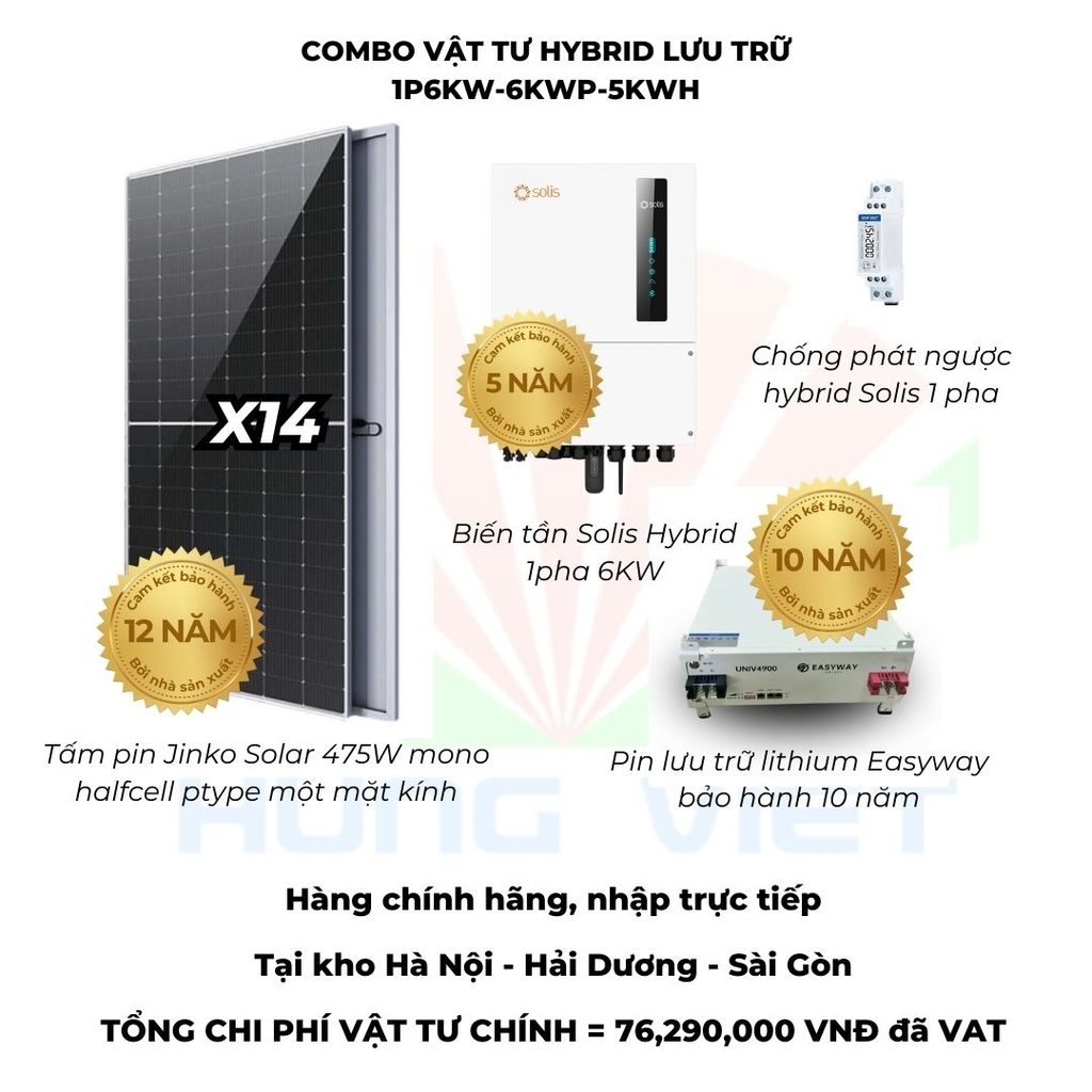 Combo vật tư hòa lưới bám tải lưu trữ Hybrid 1pha