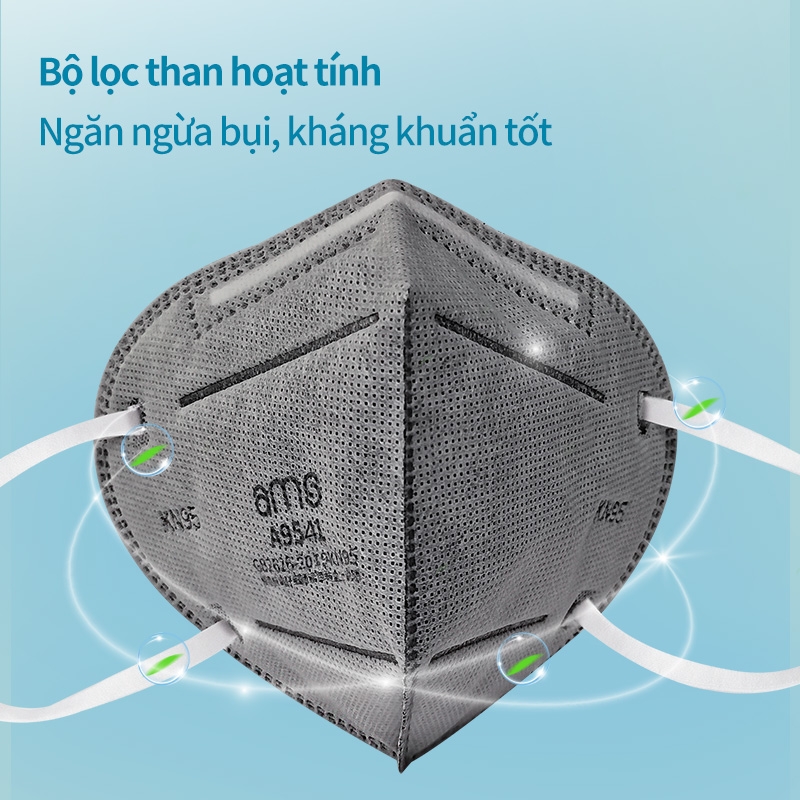 Khẩu trang KN95 chứa than hoạt tính 5 lớp phòng covid hiệu AMS, Model: A9541, hộp 50 chiếc