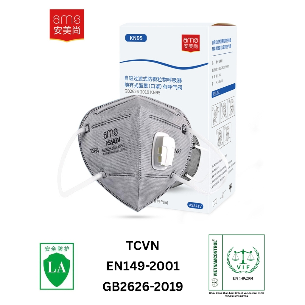Khẩu trang hoạt tính có van, quy cách A9541V (hiệu AMS, chuẩn KN95, có than hoạt tính, hộp 25 chiếc)