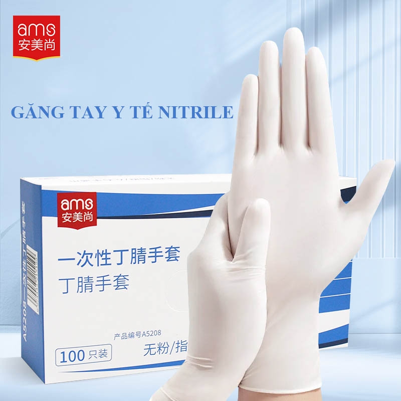 Găng tay nitrile Ams dùng một lần màu trắng,quy cách A5208 (hộp 100 cái)