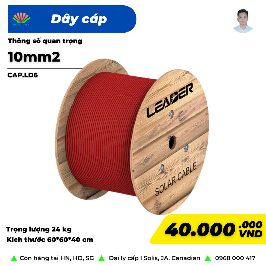 Dây cáp điện Leader 10mm (Solar cable 1*10MM2) (1500V H1Z2Z2-K- cuộn 1000m sx 2024)