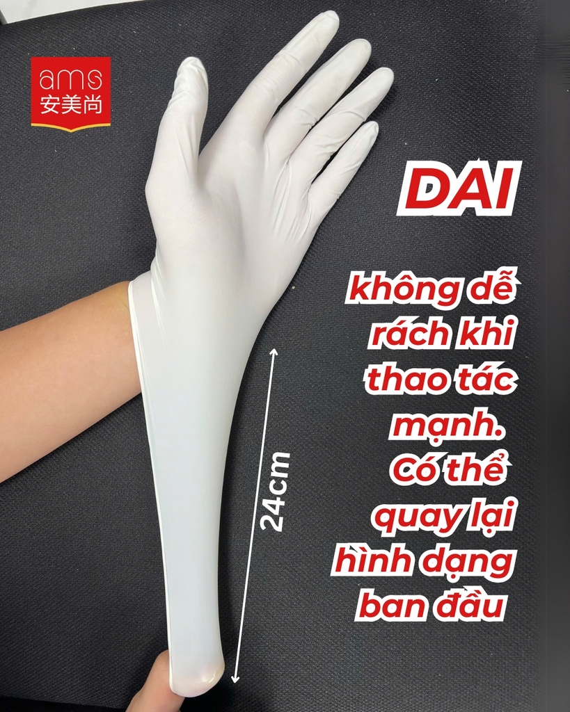 Găng tay y tế không bột màu trắng, hiệu: AMS, Model: A5208 (hộp 100 chiếc)
