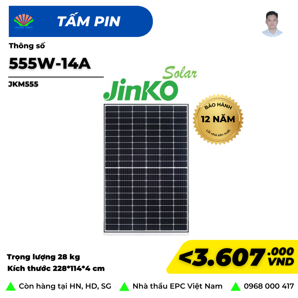 Tấm pin Jinko 555Wp Solar Mono Halfcell Ptype bảo hành 12 năm JKM555M-72HL4-V
