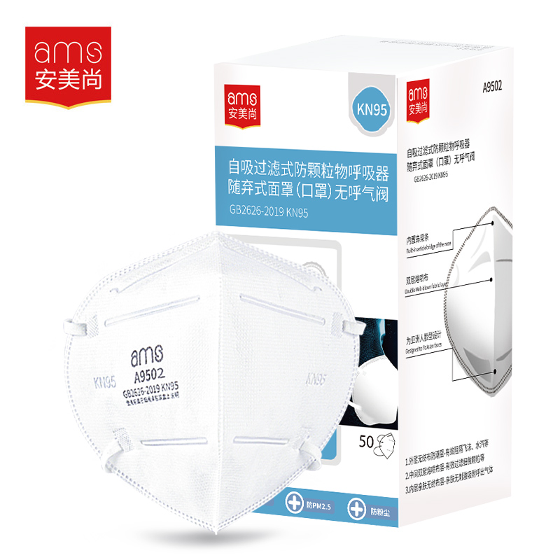 Khẩu Trang KN95 5 lớp, Màu Trắng, hiệu: AMS, Model: A9502, Hộp 50 chiếc