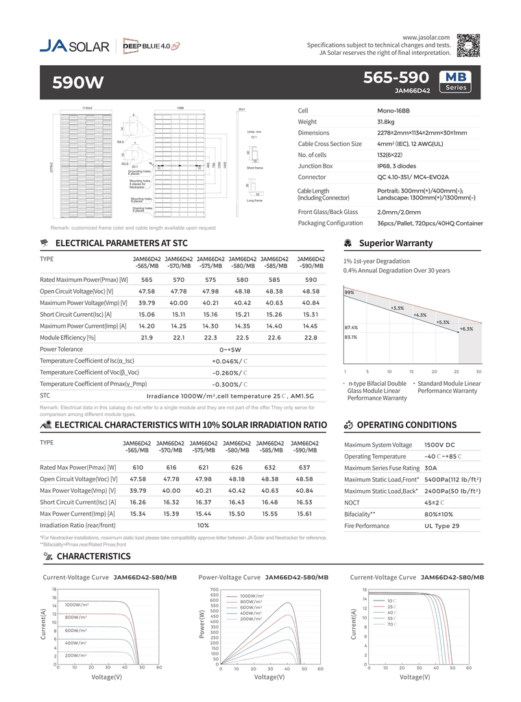 Tấm pin NLMT JA Solar 580W NTYPE 2 Mặt kính Mono Halfcell bảo hành 12 năm bifacial