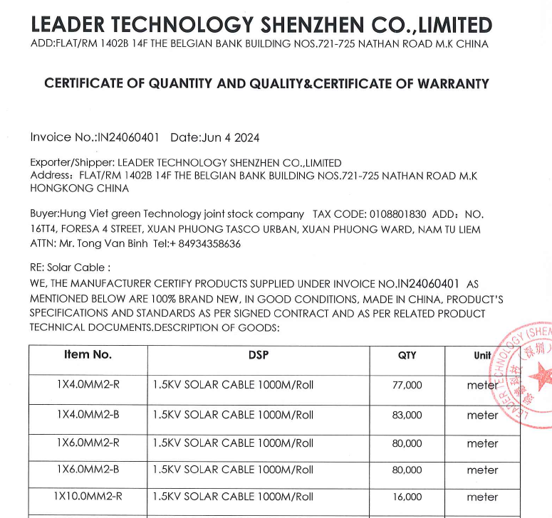 Dây cáp điện Leader 4mm (Solar cable 1*4MM2) (1500V H1Z2Z2-K - cuộn 1000m sx2024)
