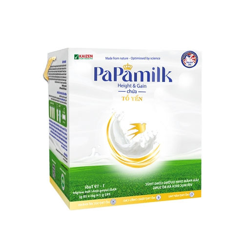 Sản phẩm dinh dưỡng công thức với mục đích ăn bổ sung Papamilk Height & Gain chứa tổ yến dành cho trẻ từ 1-19 tuổi (Hộp 14 gói)