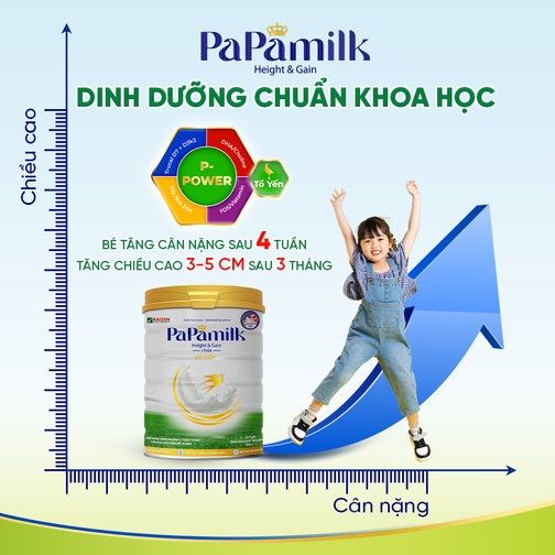 Sản phẩm dinh dưỡng công thức với mục đích ăn bổ sung Papamilk Height & Gain chứa tổ yến dành cho trẻ từ 1-19 tuổi (Lon 830gr)