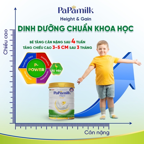 Sản phẩm dinh dưỡng công thức với mục đích ăn bổ sung Papamilk Height & Gain chứa tổ yến dành cho trẻ từ 1-19 tuổi (Lon 830gr)