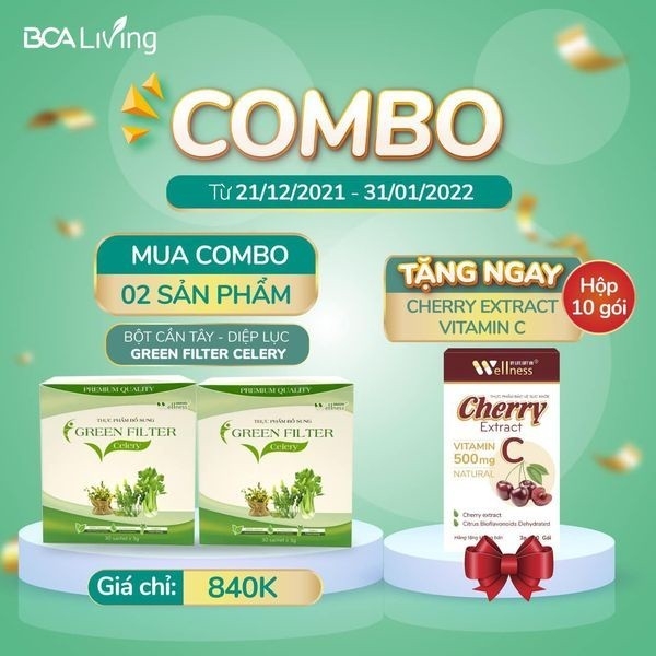 Combo 2 hộp TPBS bột Cần tây diệp lục Green Filter Celery Nutriway - Tặng 1 hộp TPBVSK Cherry Extract Vitamin c 10 gói