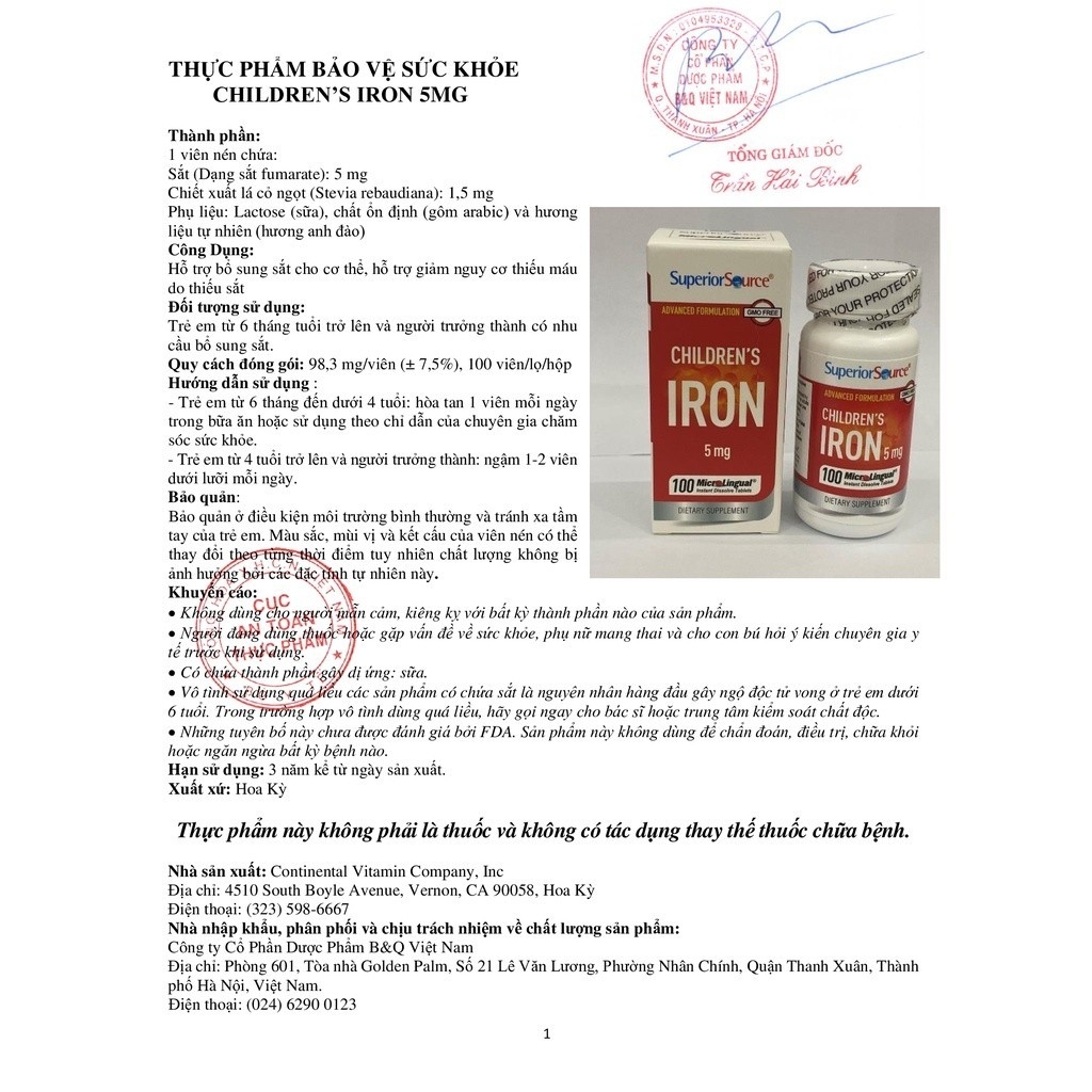 Thực phẩm bảo vệ sức khỏe CHILDREN'S IRON 5mg