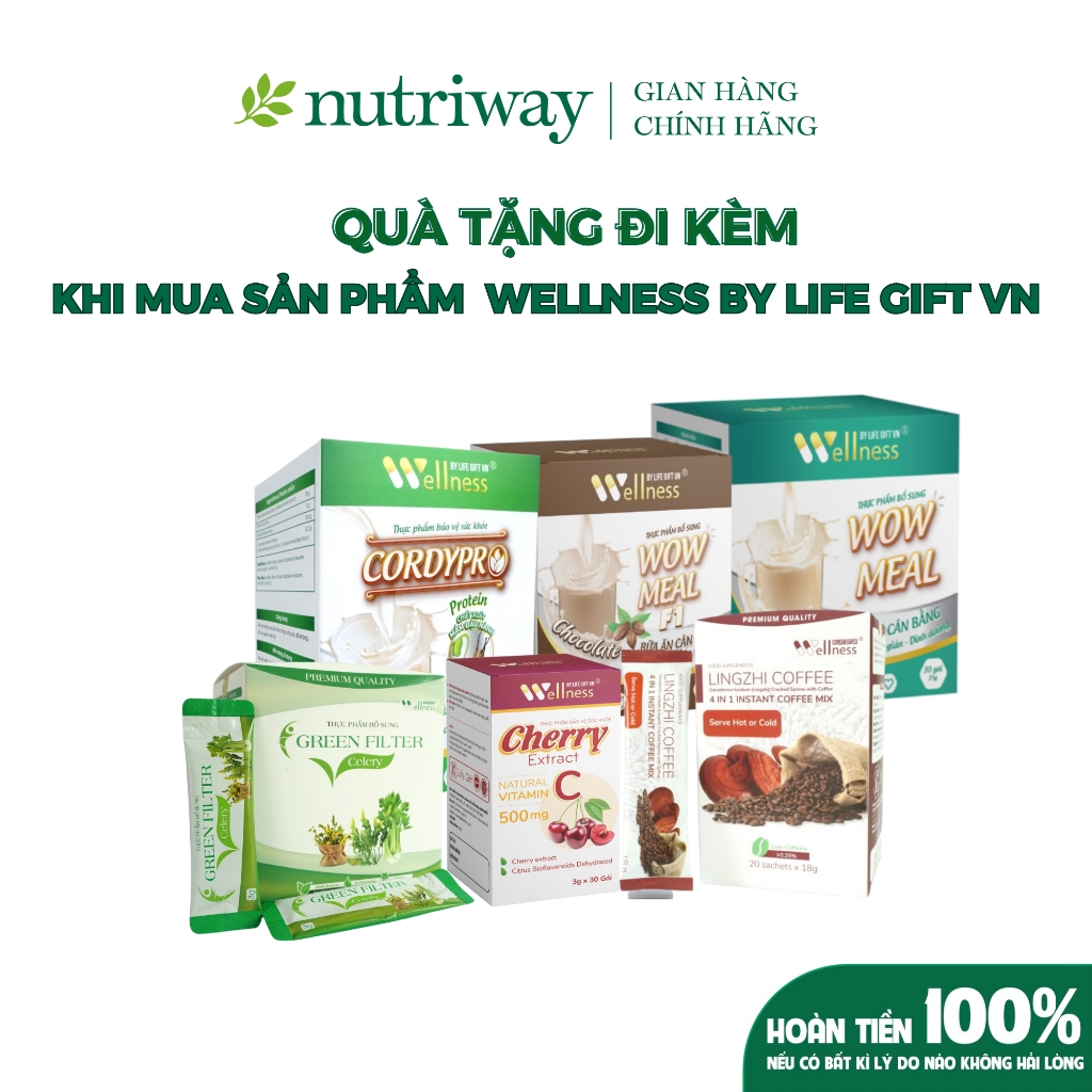 Combo Protein Thực Vật Cordypro, Cherry Extract Vitamin C, Wowmeal, Cần Tây Diệp Lục Nutriway Wellness Life Gift VN