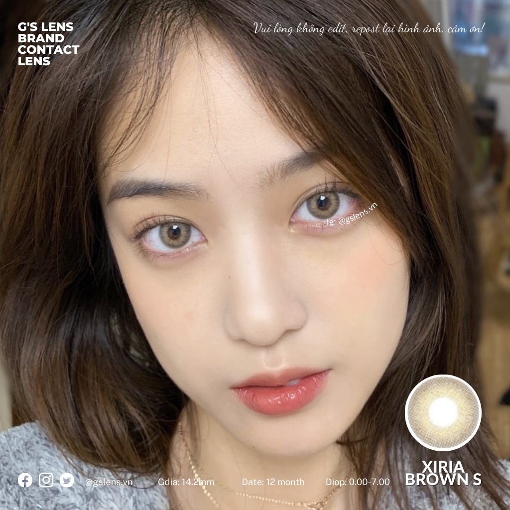 Lens Mắt Kính Áp Tròng Nâu Vân Tự Nhiên Xiria  Giãn Ít Có Từ 0 Đến 7 Độ Lệch Độ Size S 14.2mm