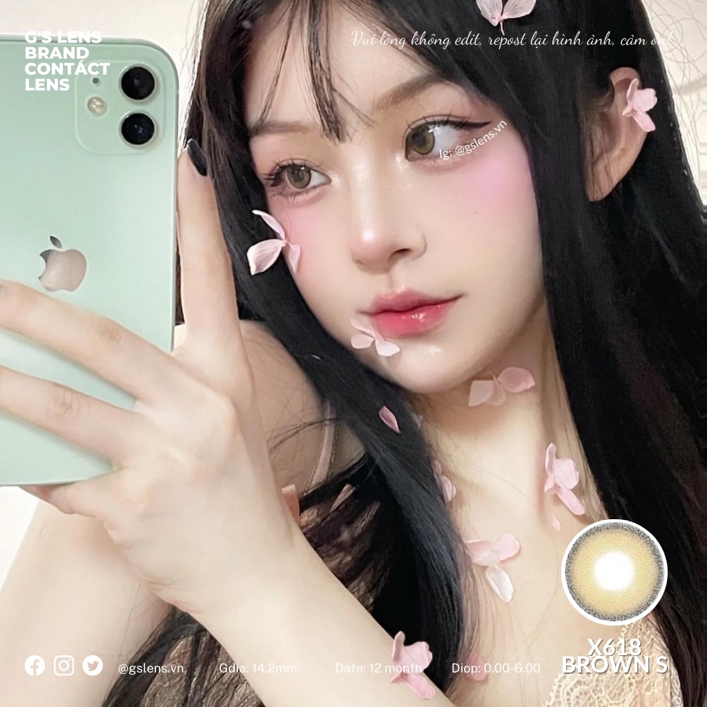 Lens Mắt Kính Áp Tròng Nâu Tây X618 Brown Giãn Ít Có Từ 0 Đến 6 Độ Lệch Độ Size S 14.2mm