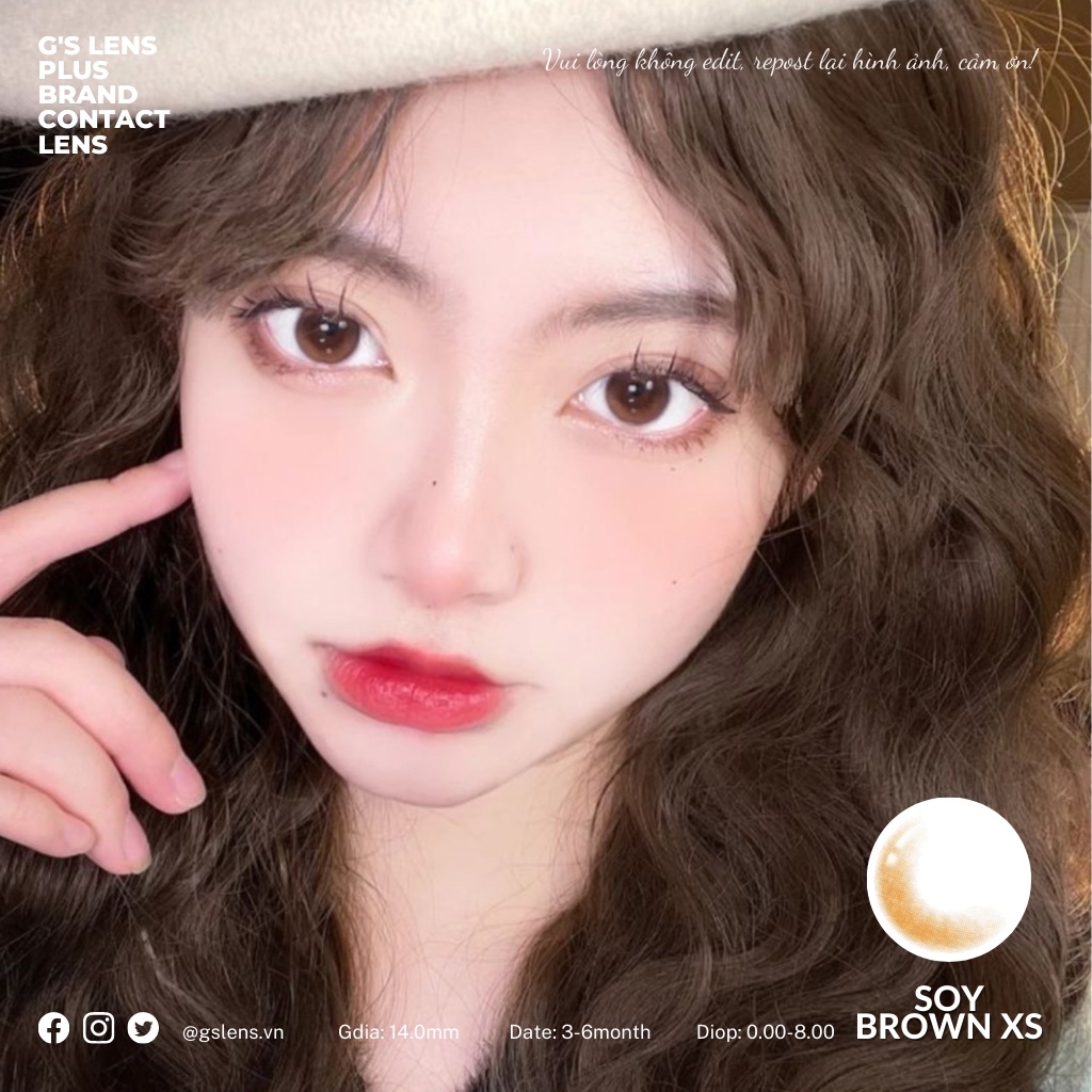 Lens mắt nâu hoàng hôn Sunset SOY BROWN không giãn XS có 0-8 độ lệch độ dành cho mắt nhạy cảm G'S LENS Polyhema Cao Cấp