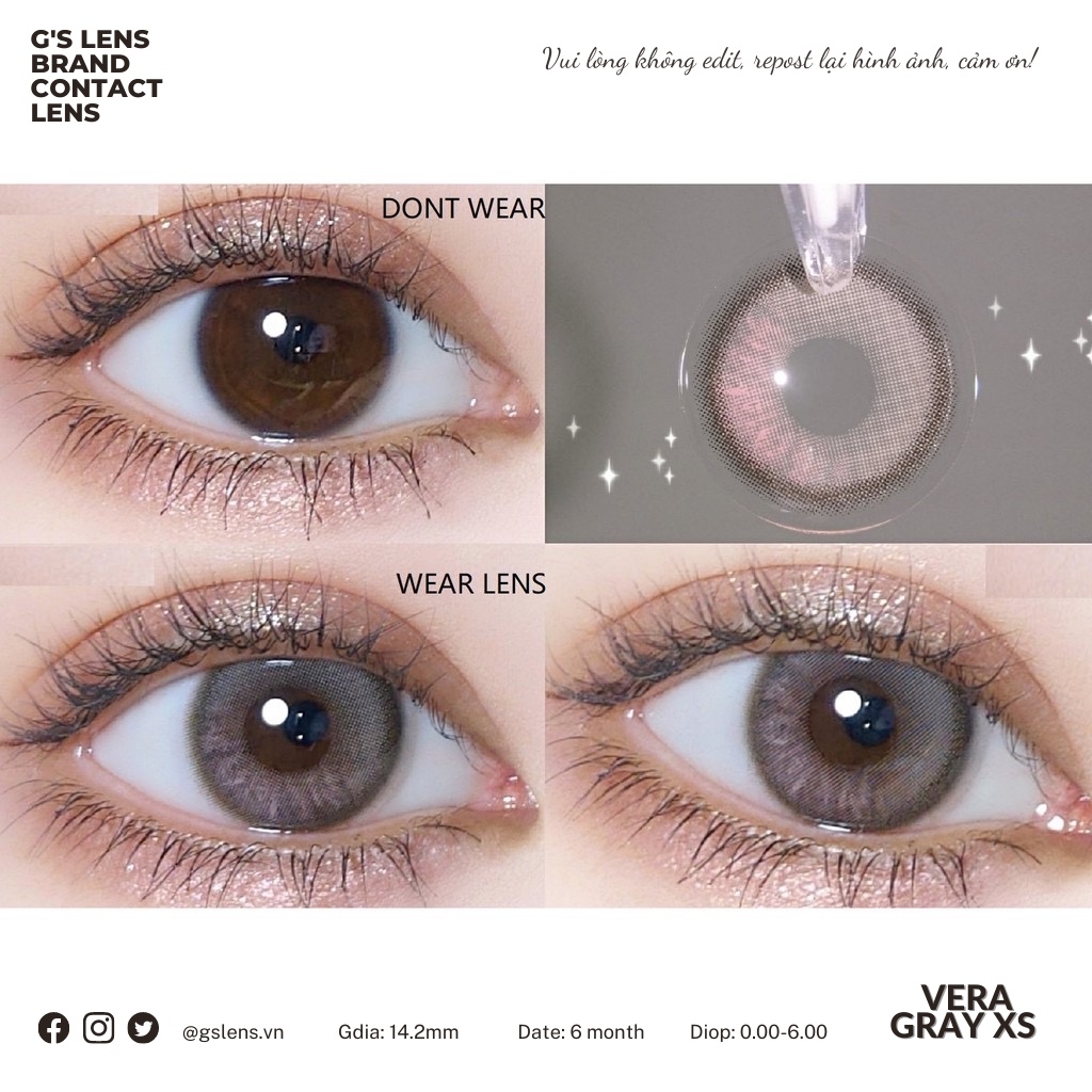 Lens Mắt Kính Áp Tròng Xám Tây Vân Xước VERA GRAY Không Giãn Có Từ 0 Đến 6 Độ Lệch Độ Size XS 14mm - GSLENS