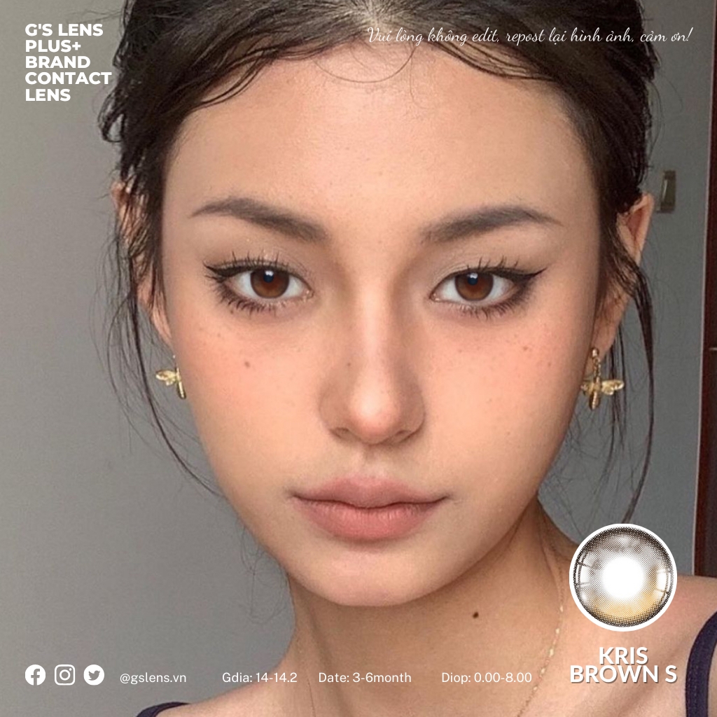 Lens mắt nâu Sunset tự nhiên KRIS BROWN Size S có 0-8 lệch độ dành cho mắt nhạy cảm G'S LENS PLUS+ Polyhema Cao Cấp