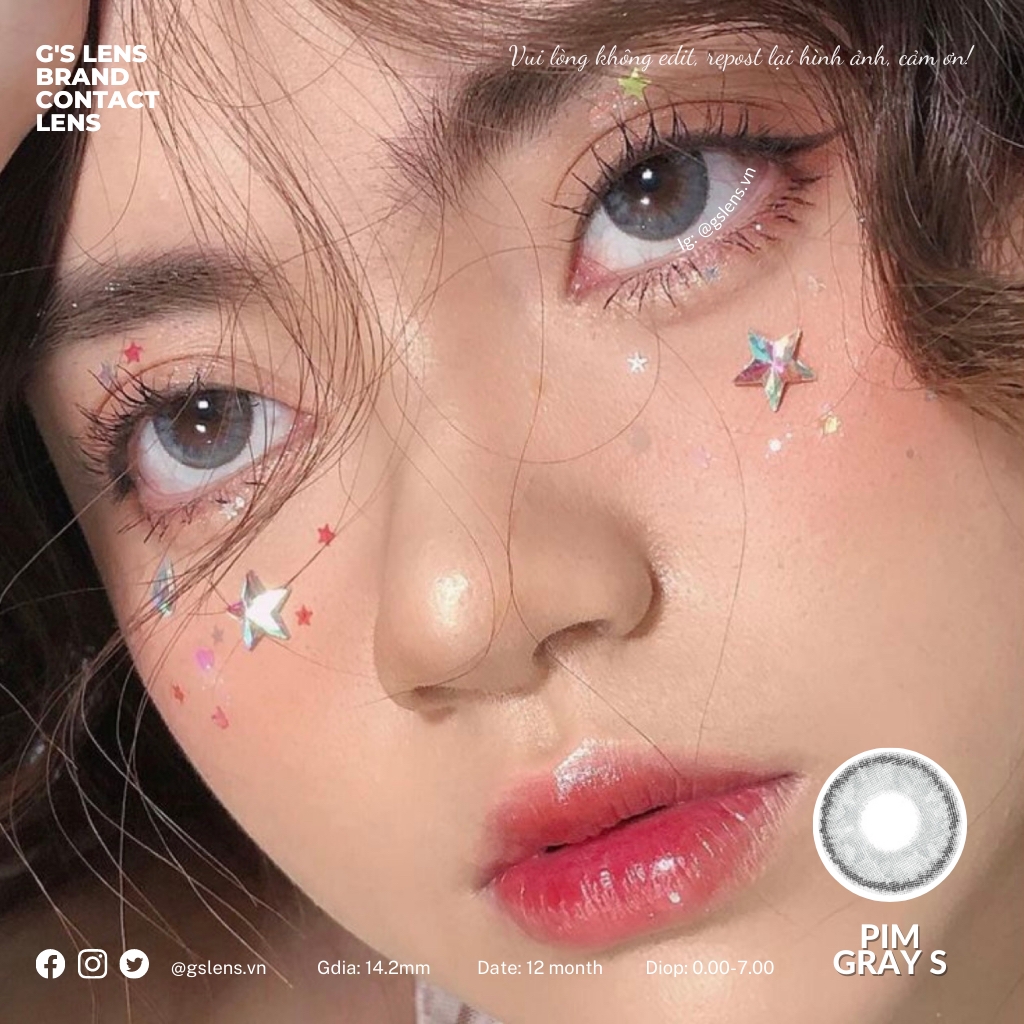 Lens Mắt Kính Áp Tròng Xám Tây Vân Giãn Ít Size S 14.2mm PIM GRAY Có Từ 0 Đến 7 Độ Lệch Độ GSLENS
