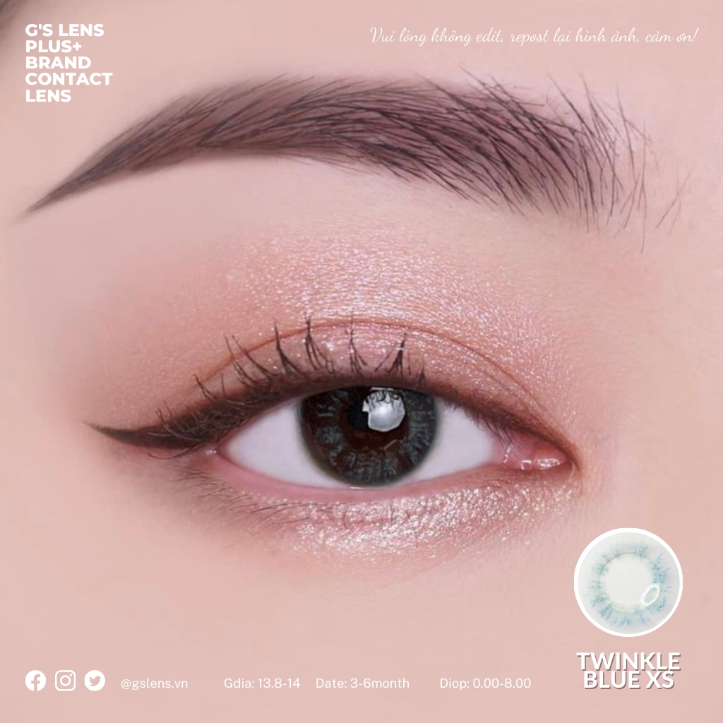Lens mắt xanh tự nhiên TWINKLE BLUE không giãn size XS có 0-8 độ lệch độ dành cho mắt nhạy cảm G'S LENS Polyhema Cao Cấp