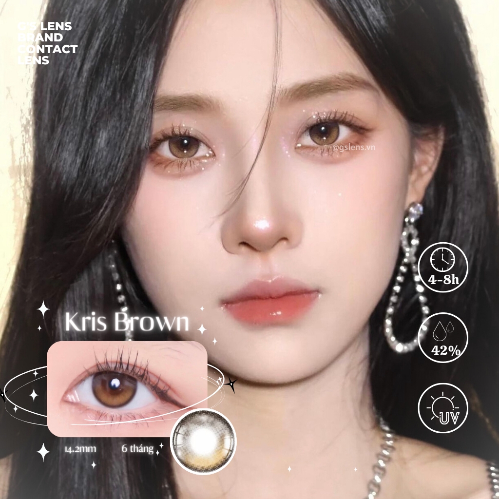 Lens mắt nâu Sunset tự nhiên KRIS BROWN Size S có 0-8 lệch độ dành cho mắt nhạy cảm G'S LENS PLUS+ Polyhema Cao Cấp