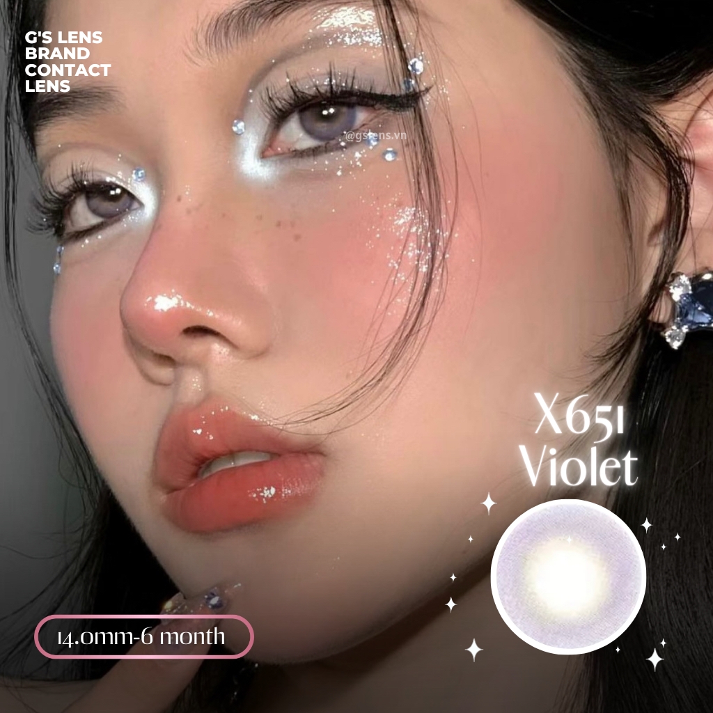 Lens Mắt Kính Áp Tròng Tím Tây Sáng Không Giãn X651 Violet Có Từ 0 Đến 6 Độ Lệch Độ Size Xs 14mm