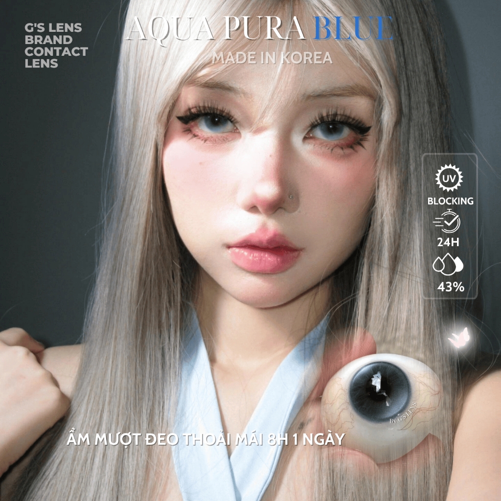 Kính áp tròng 6 tháng AQUA PURA BLUE màu xanh dương sáng tây giãn tròng nhỏ