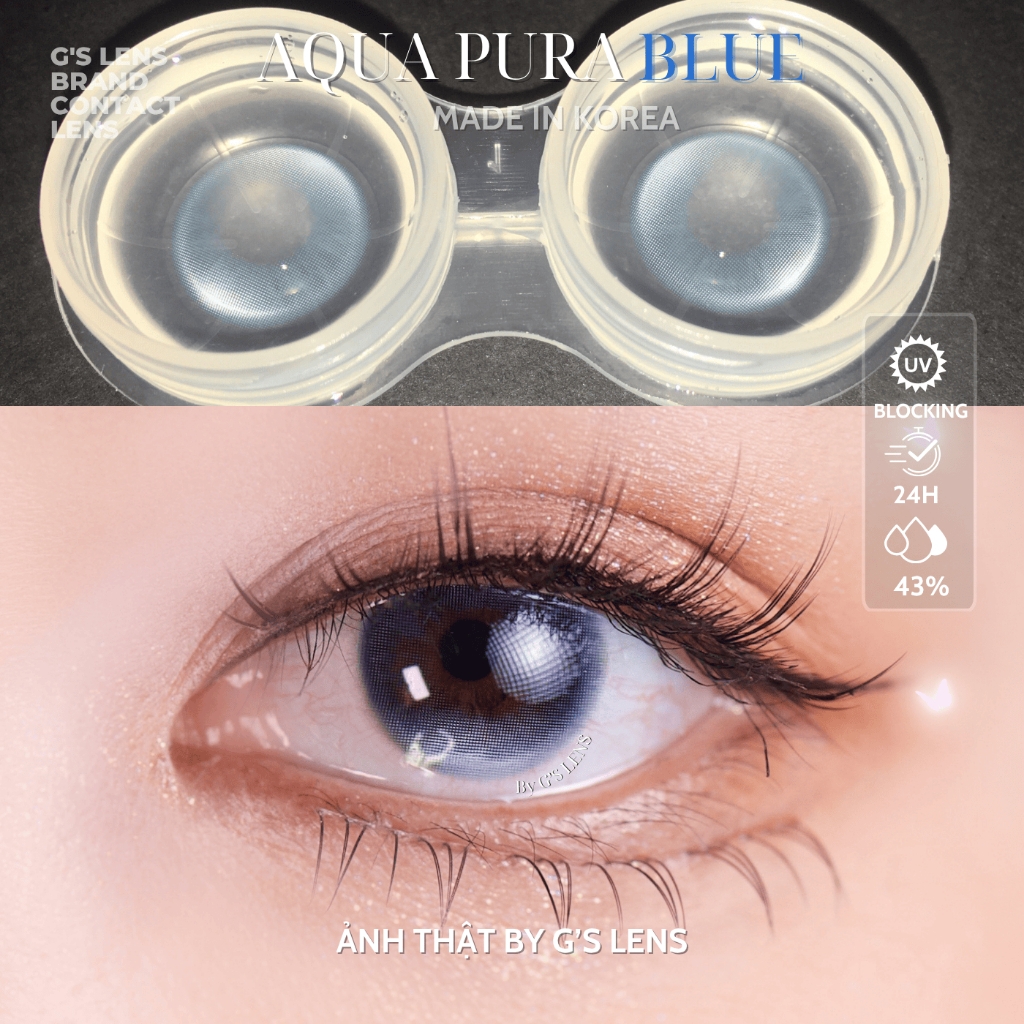 Kính áp tròng 6 tháng AQUA PURA BLUE màu xanh dương sáng tây giãn tròng nhỏ
