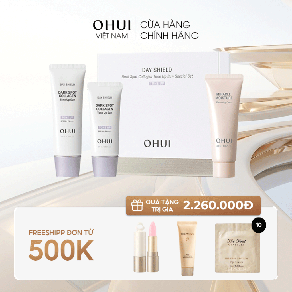 Bộ Kem Chống Nắng Cải Thiện Đốm Nâu Và Nâng Tone Ohui Day Shield Dark Spot Collagen Tone Up Sun Set