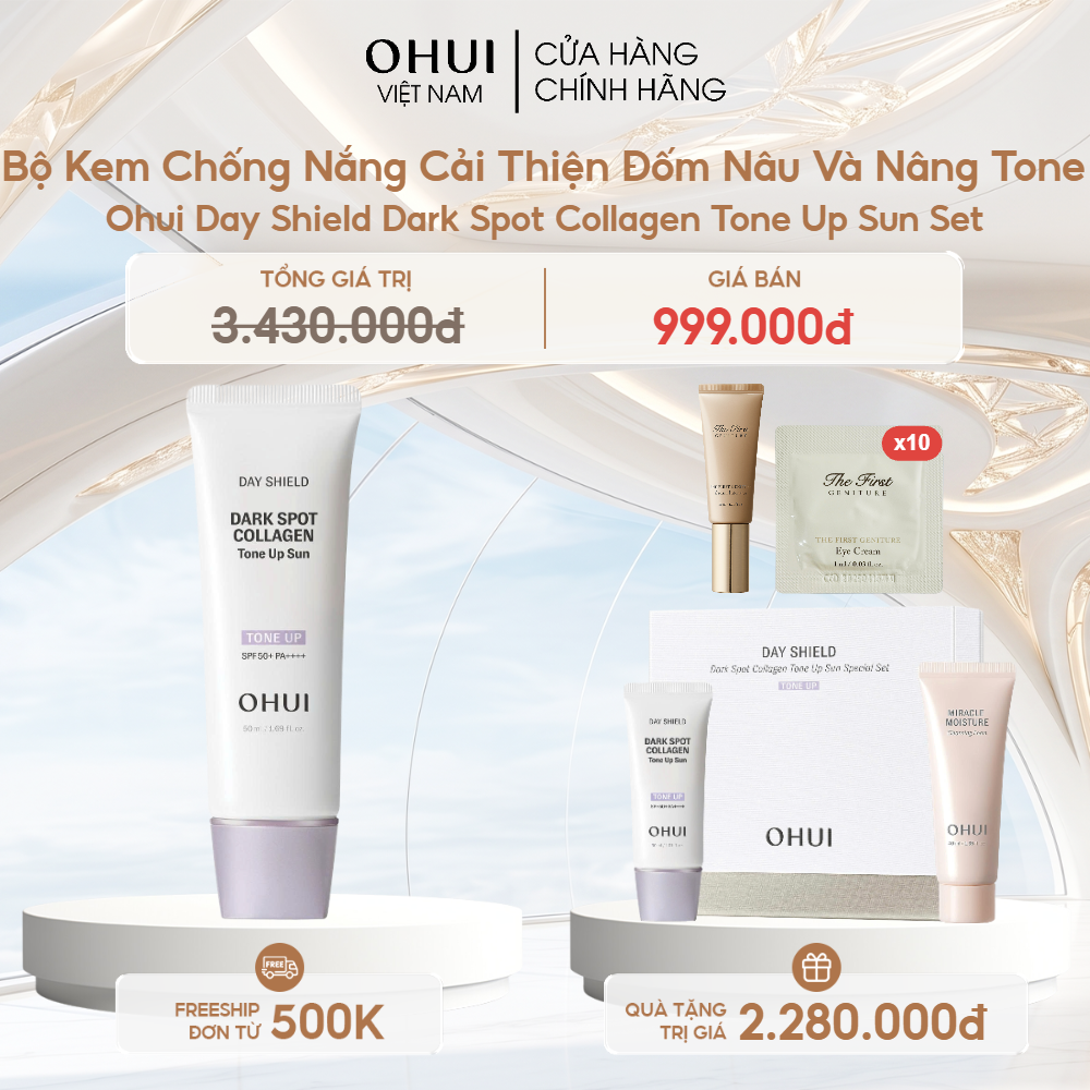 Bộ Kem Chống Nắng Cải Thiện Đốm Nâu Và Nâng Tone Ohui Day Shield Dark Spot Collagen Tone Up Sun Set