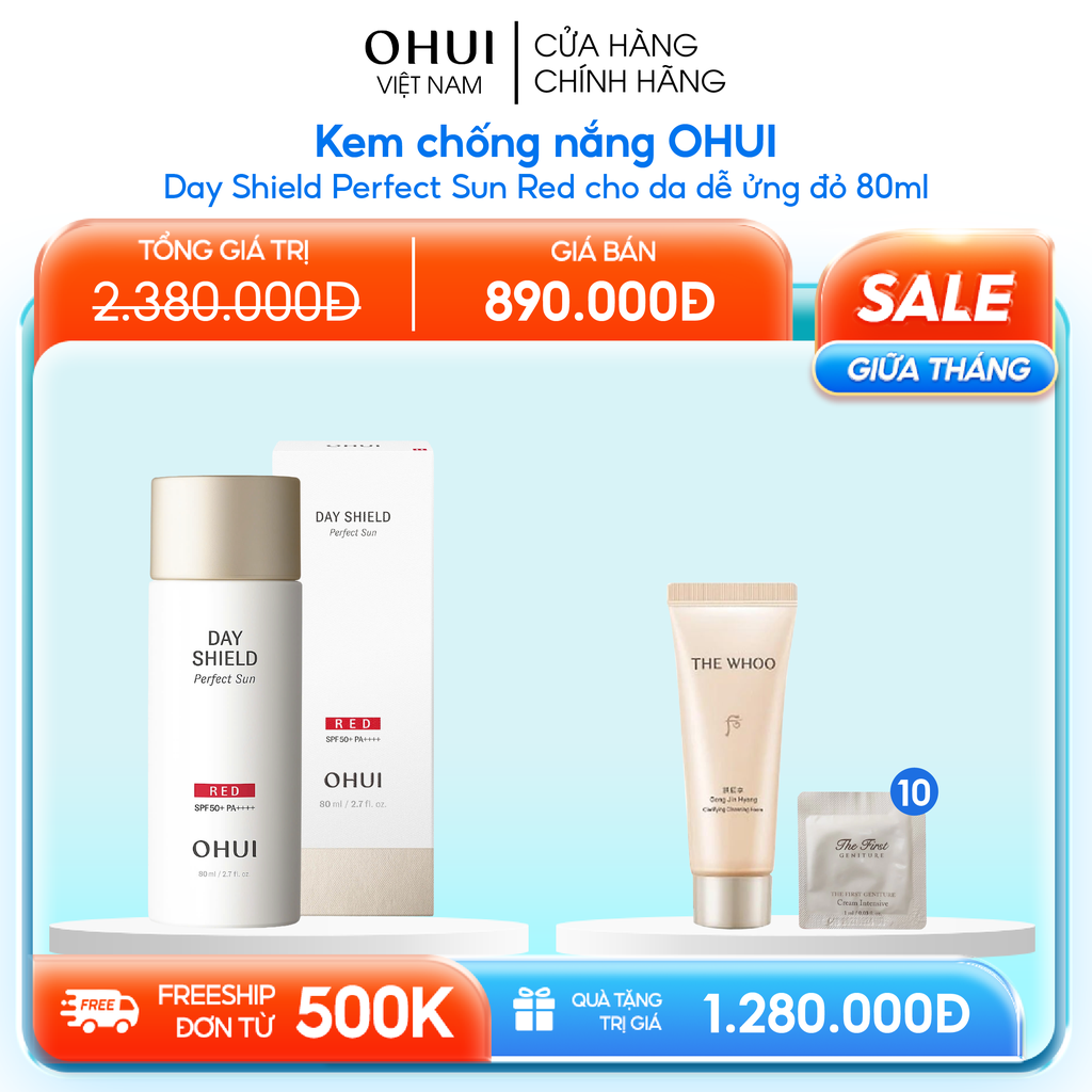 Kem chống nắng OHUI Day Shield Perfect Sun Red cho da dễ ửng đỏ