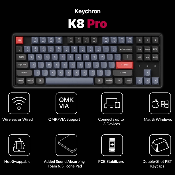 Keychron K8 Pro LED RGB Backlight Aluminum Switch Gateron Keyboard Hot Swap - Red