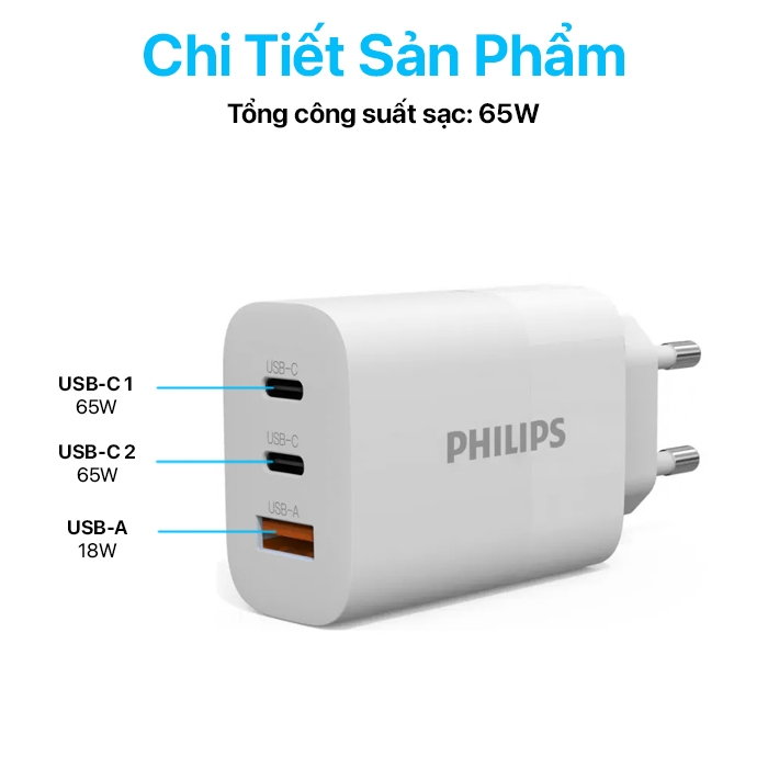 Philips Wall Charger PD65W+QC3.0 White - DLP6333